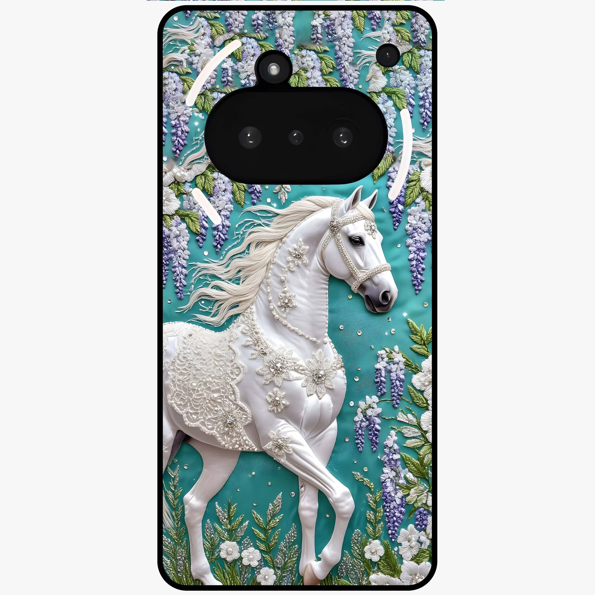 Majestic Floral Stallion Glass Case showing flat back view with powerful horse and floral artwork and glossy glass finish.