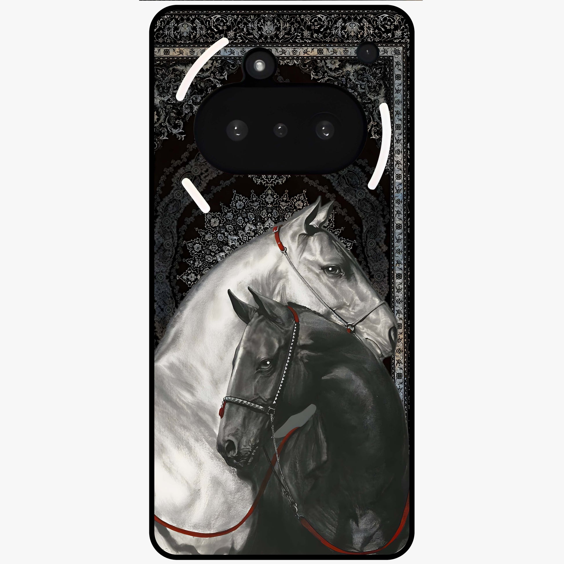 Majestic Ride Legacy Glass Case showing flat back view with powerful automotive inspired artwork and glossy glass finish.