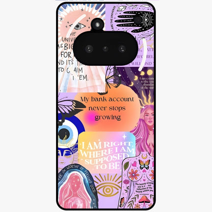 Manifestation Collage Glass Case showing flat back view with motivational collage artwork and glossy glass finish.