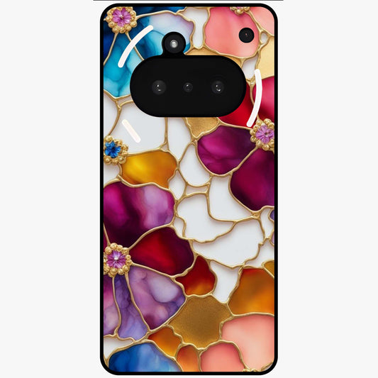 Marble Flower Pattern Glass Case showing flat back view with marble texture floral artwork and glossy glass finish.