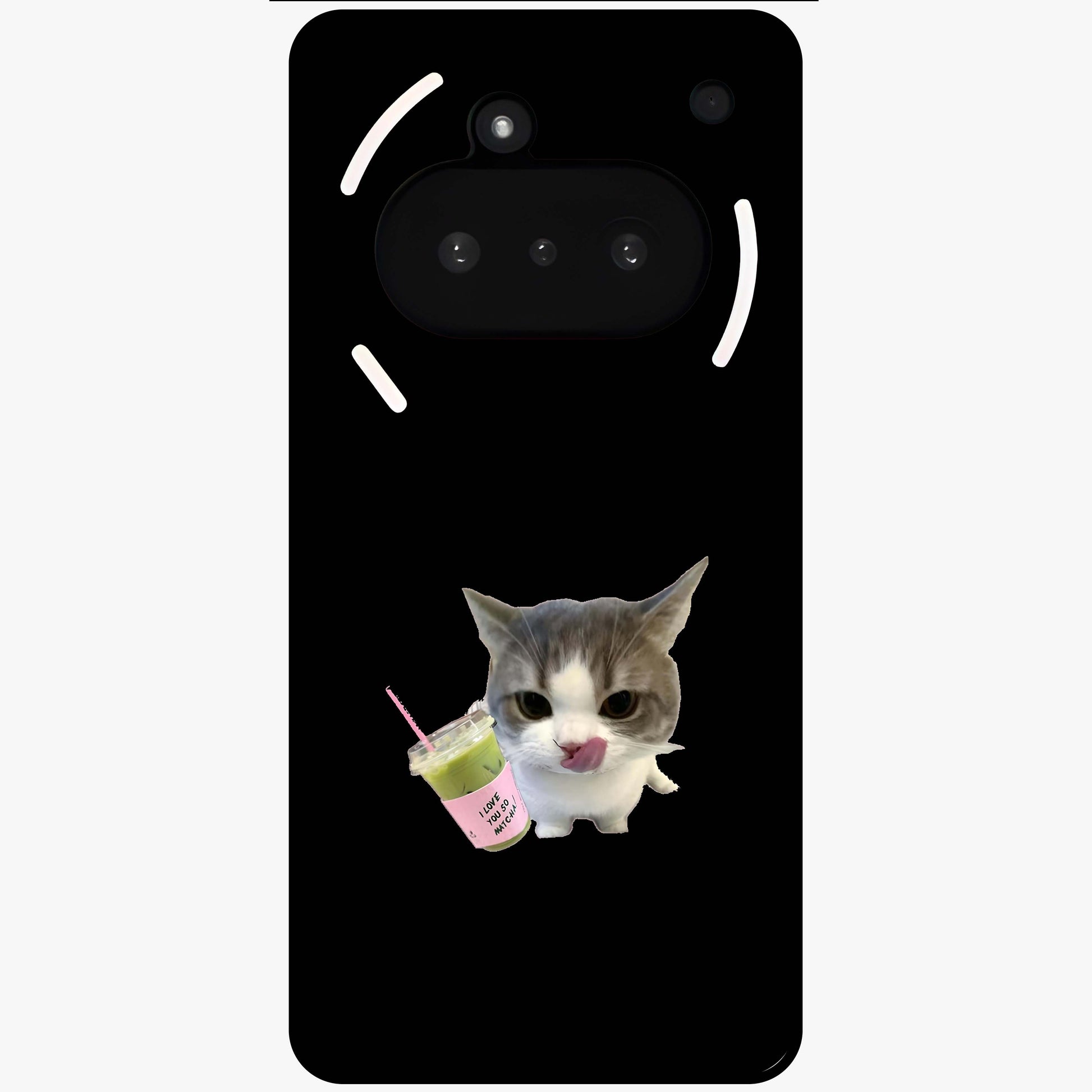 Matcha Cat Style Glass Case showing flat back view with cute matcha themed cat artwork and glossy glass finish.