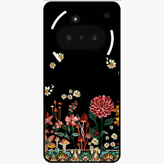 Midnight Bloom Pattern Glass Case showing flat back view with dark floral pattern artwork and glossy glass finish.