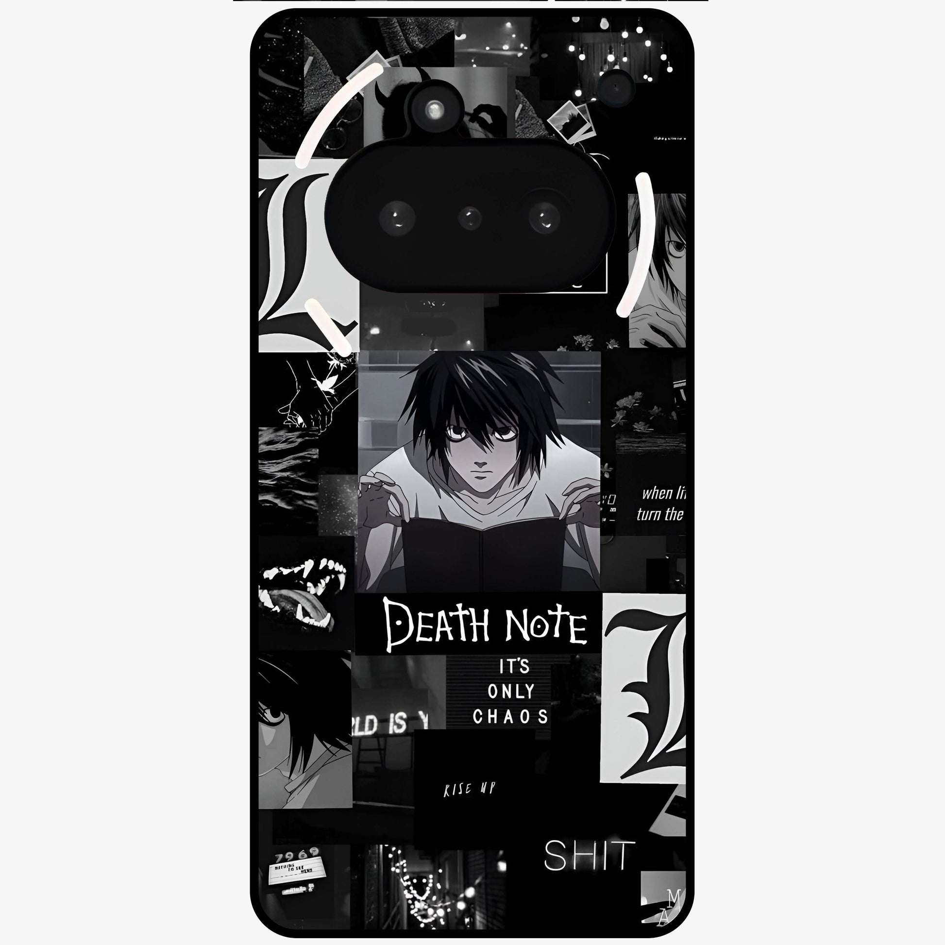 Midnight Chaos Mind Glass Case showing flat back view with abstract dark themed artwork and glossy glass finish.