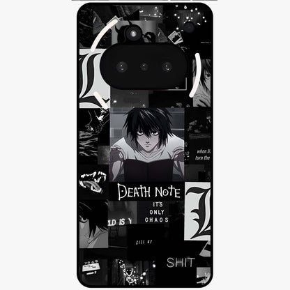 Midnight Chaos Mind Glass Case showing flat back view with abstract dark themed artwork and glossy glass finish.