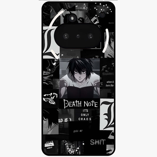 Midnight Chaos Mind Glass Case showing flat back view with abstract dark themed artwork and glossy glass finish.