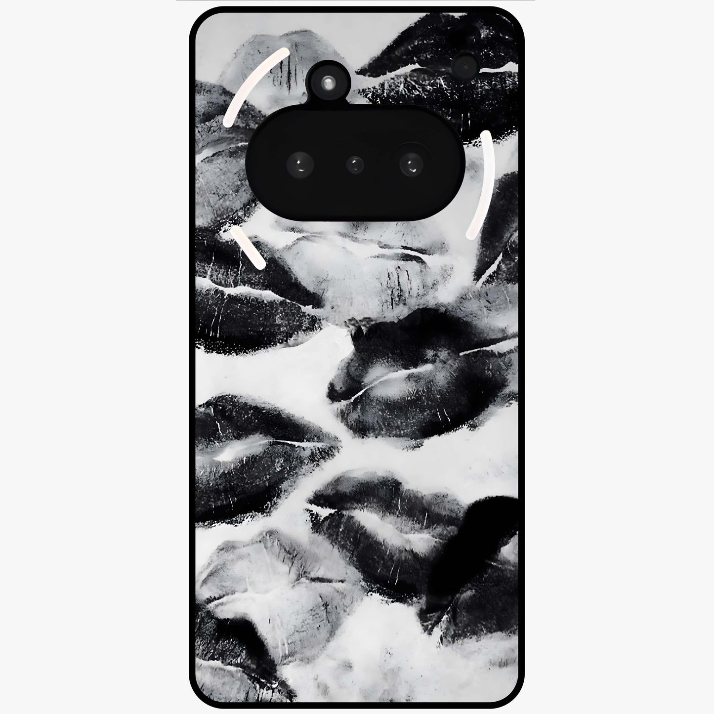Midnight Kiss Marks Glass Case showing flat back view with lipstick kiss mark artwork and glossy glass finish.