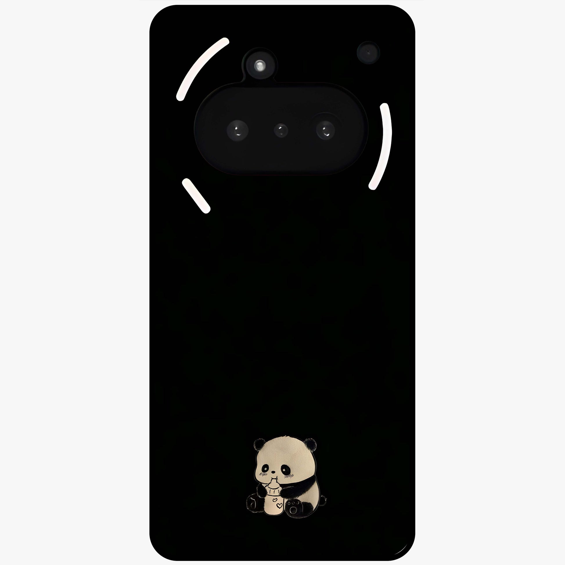 Midnight Panda Love Glass Case showing flat back view with cute panda themed artwork and glossy glass finish.