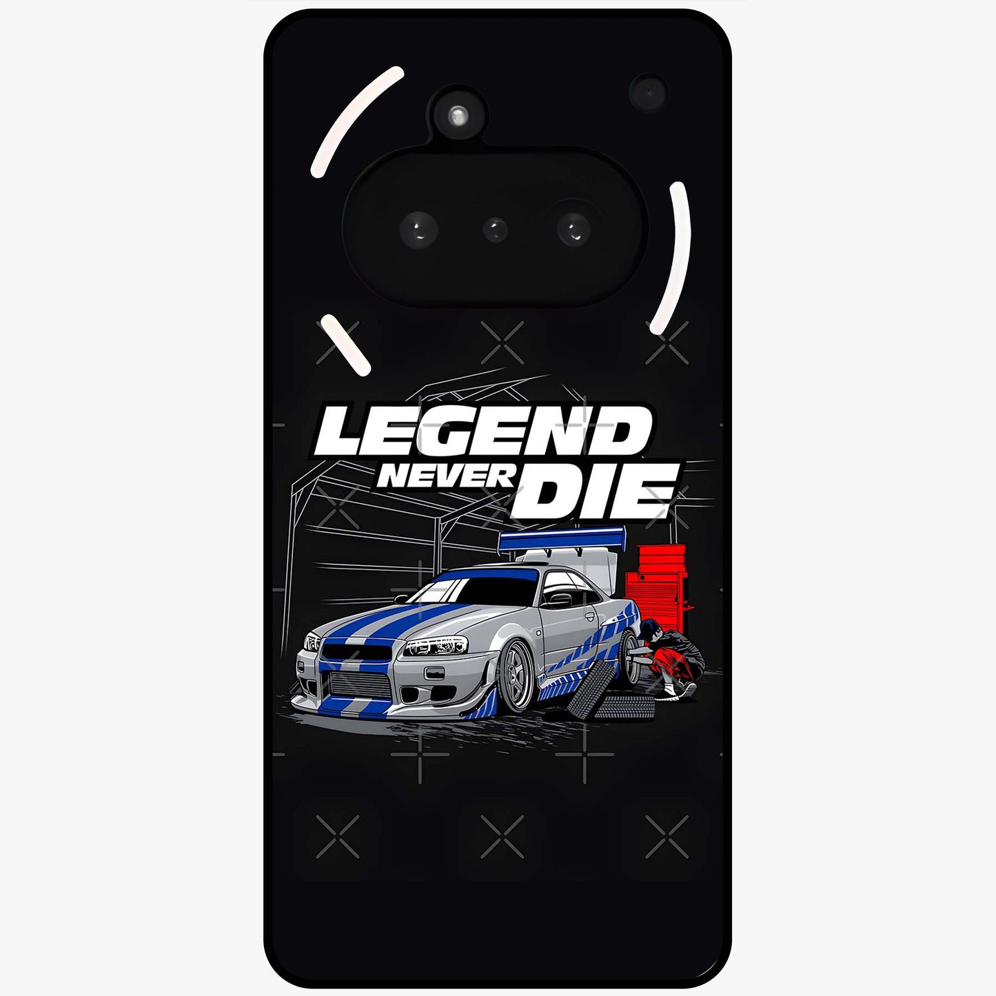 Midnight Racing Legacy Glass Case showing flat back view with sleek racing inspired artwork and glossy glass finish.