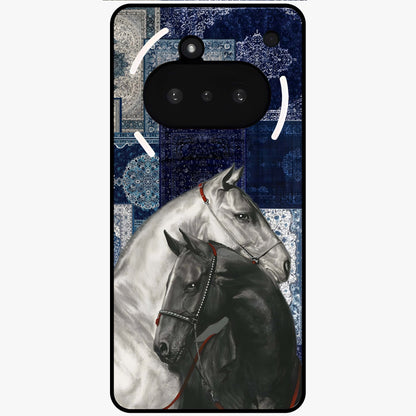 Midnight Stallion Blues Glass Case showing flat back view with majestic horse artwork and glossy glass finish.