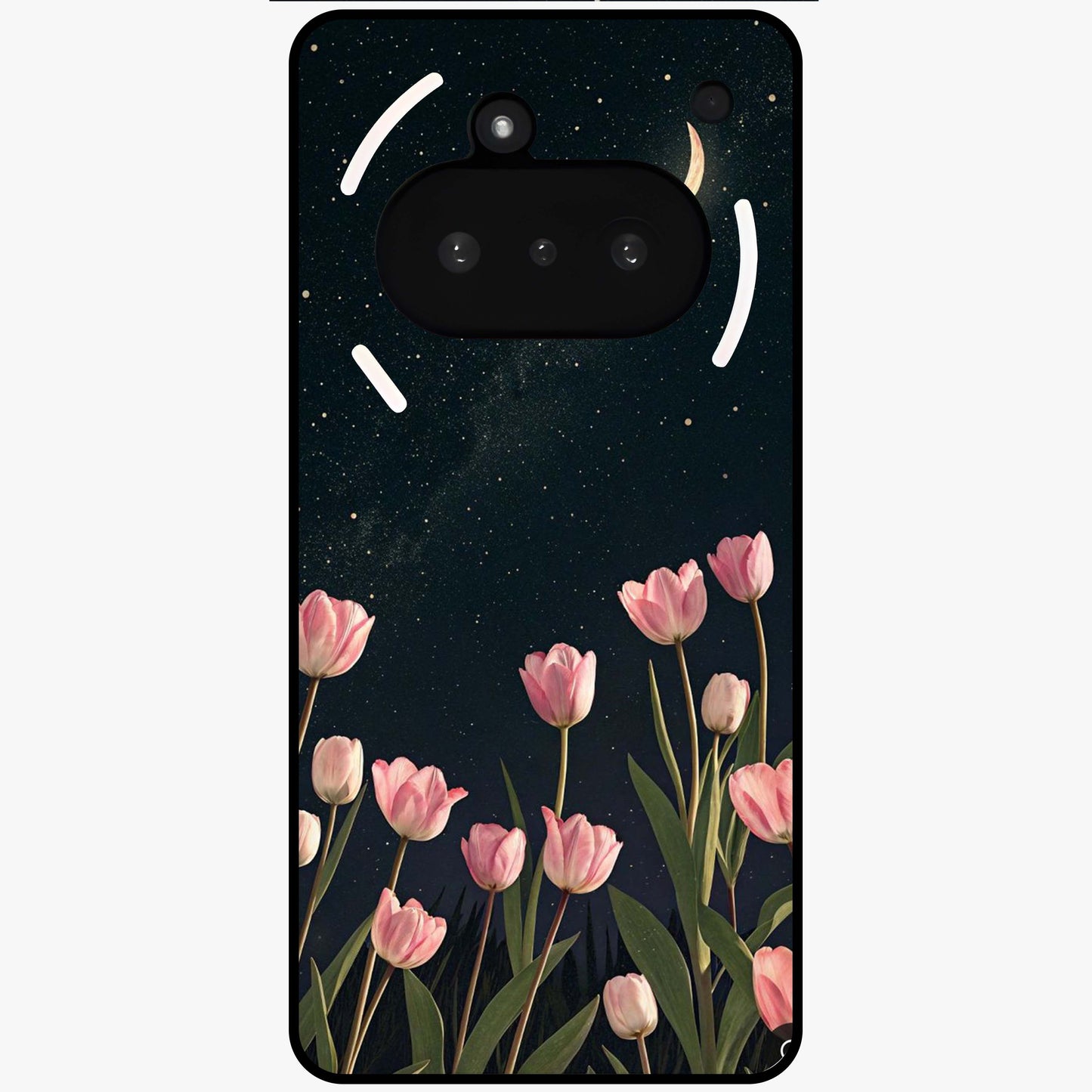 Midnight Tulip Whispers Vibe Glass Case showing flat back view with elegant tulip flower artwork and glossy glass finish.