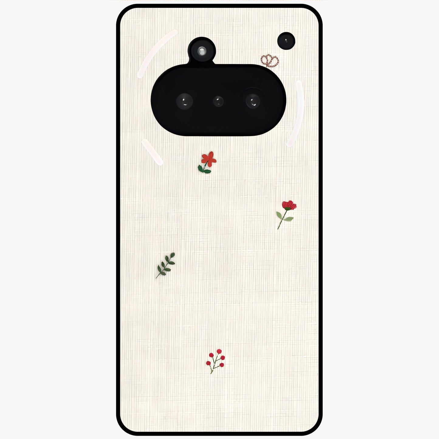 Minimal Petal Whispers Glass Case showing flat back view with soft minimal floral artwork and glossy glass finish.