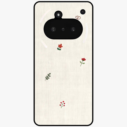 Minimal Petal Whispers Glass Case showing flat back view with soft minimal floral artwork and glossy glass finish.