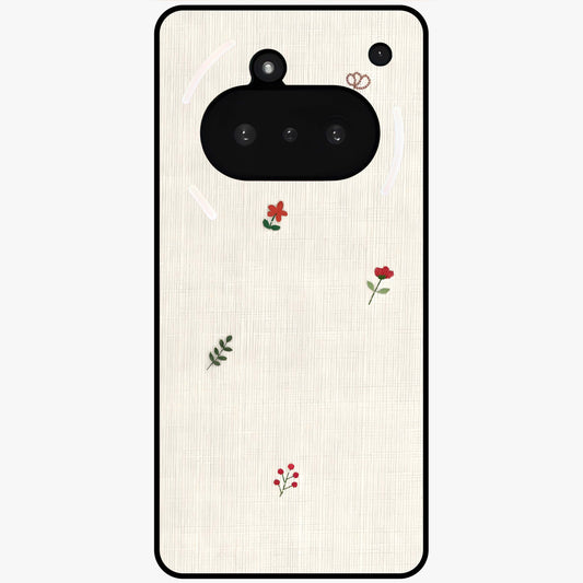 Minimal Petal Whispers Glass Case showing flat back view with soft minimal floral artwork and glossy glass finish.