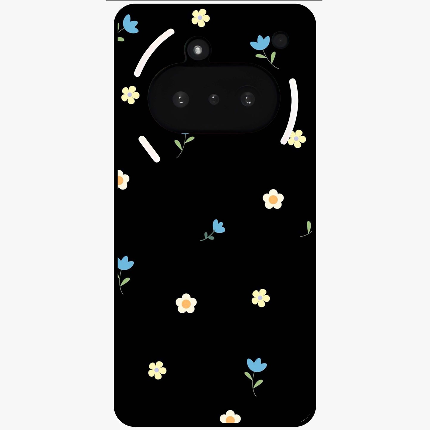 Minimalistic Blue With White Flower Pattern Glass Case showing flat back view with blue background and white flower pattern and glossy glass finish.