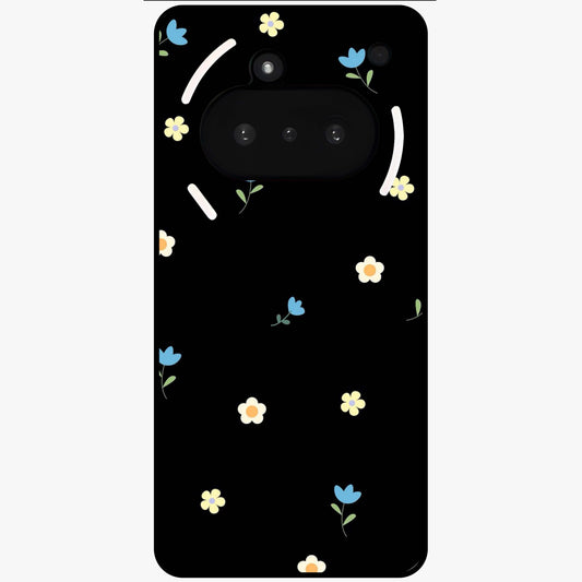 Minimalistic Blue With White Flower Pattern Glass Case showing flat back view with blue background and white flower pattern and glossy glass finish.