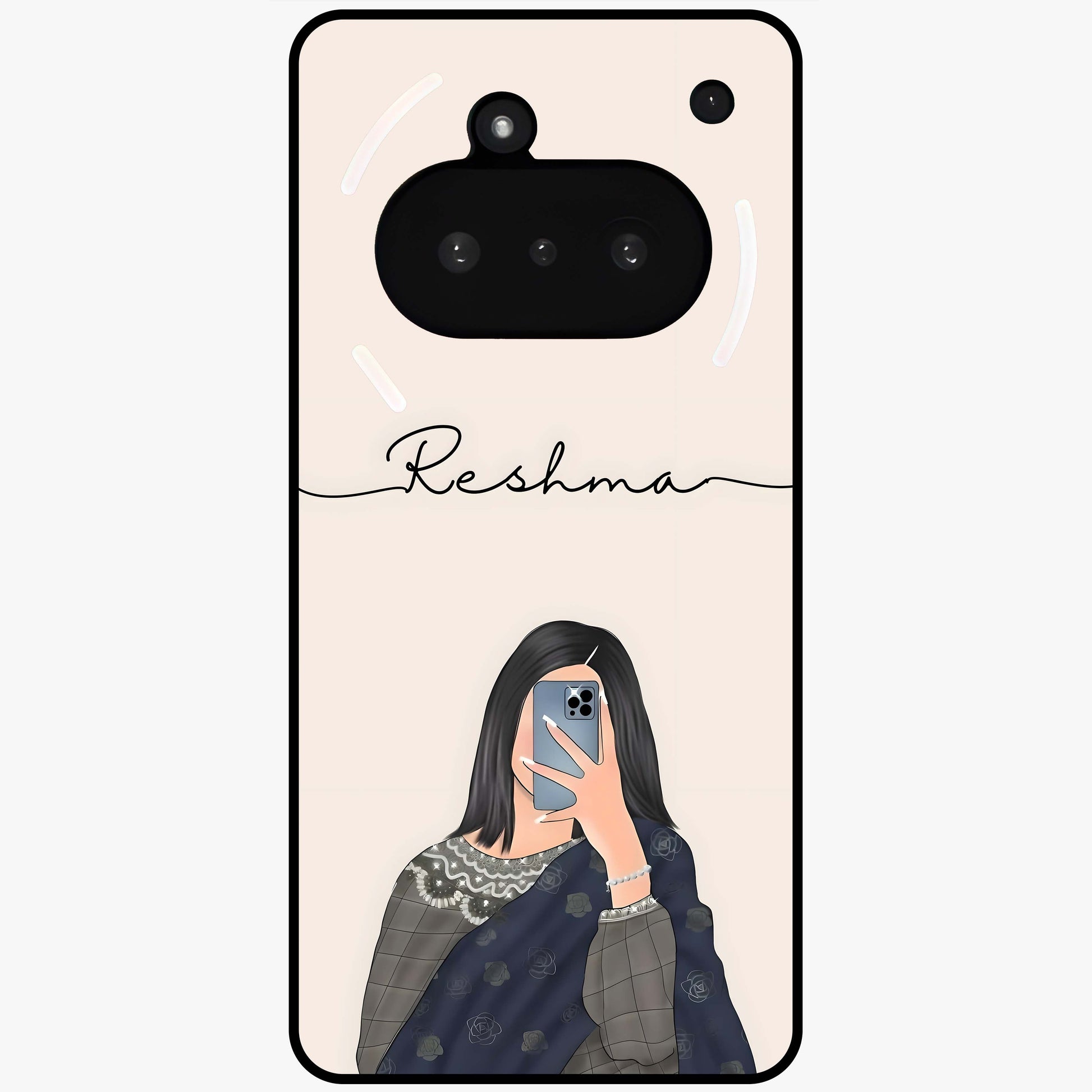 Mirror Mood Muse With Custom Name Glass Case showing flat back view with stylish mirrored artwork and personalized name design.