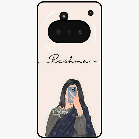 Mirror Mood Muse With Custom Name Glass Case showing flat back view with stylish mirrored artwork and personalized name design.