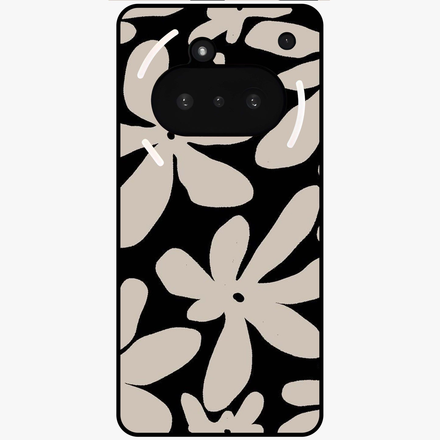 Monochrome Petal Dance Glass Case showing flat back view with monochrome floral artwork and glossy glass finish.