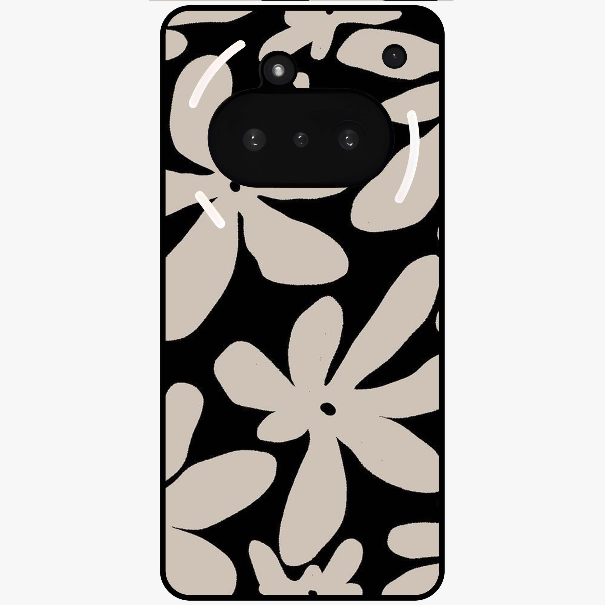 Monochrome Petal Dance Glass Case showing flat back view with monochrome floral artwork and glossy glass finish.