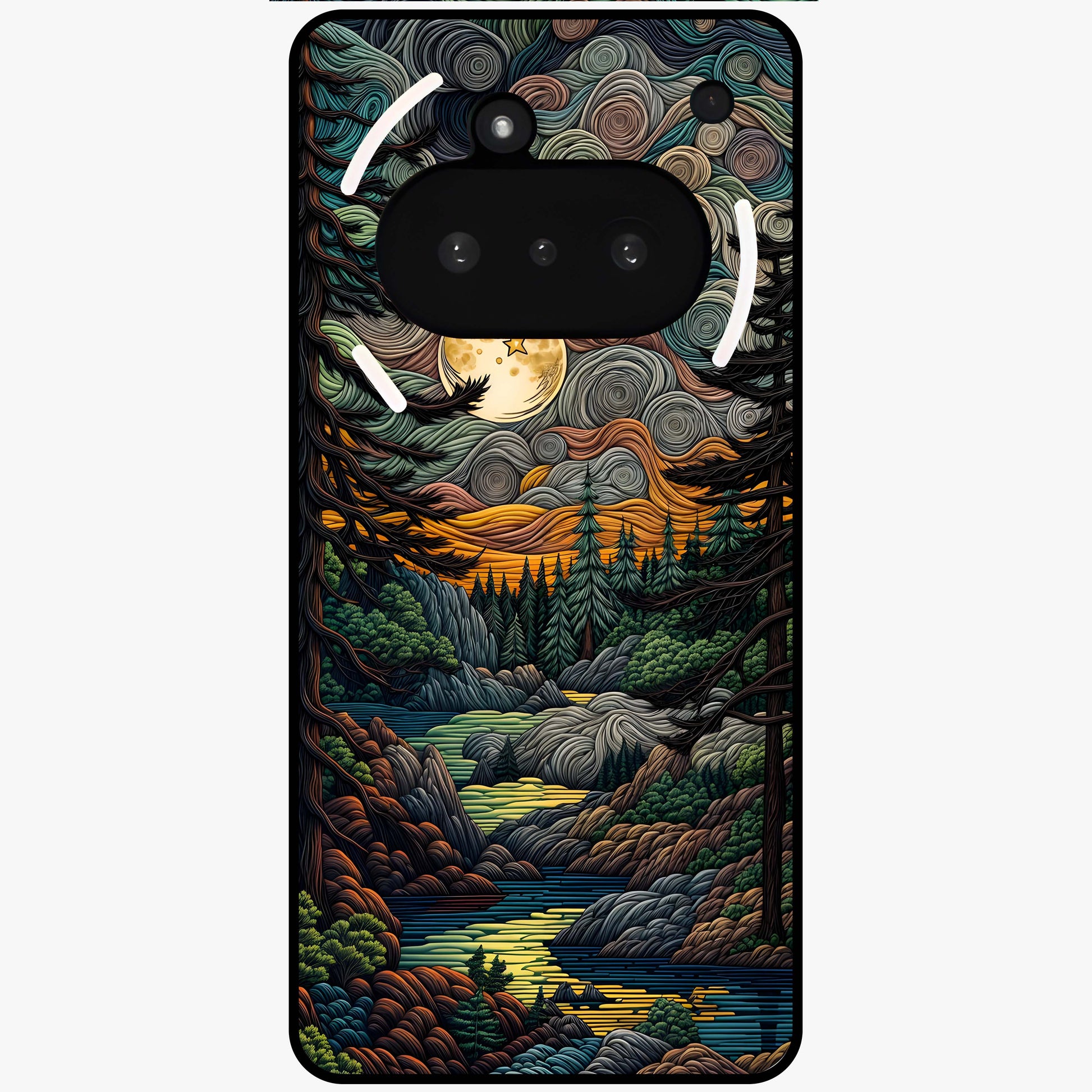 Moonlight Forest Dream Glass Case showing flat back view with mystical forest moonlight artwork and glossy glass finish.