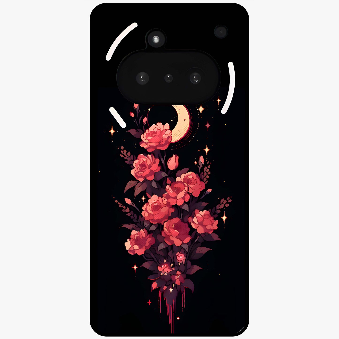 Moonlit Floral Elegance Glass Case showing flat back view with elegant floral artwork under moonlit tones and glossy glass finish.