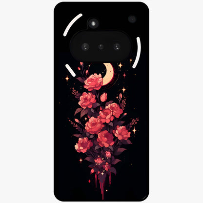 Moonlit Floral Elegance Glass Case showing flat back view with elegant floral artwork under moonlit tones and glossy glass finish.