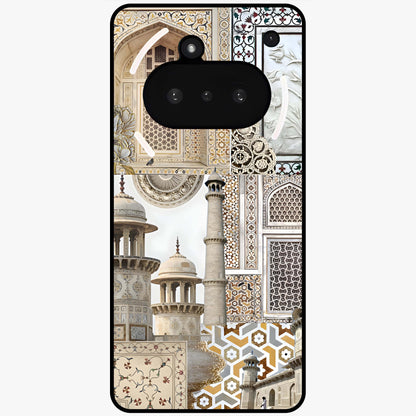 Mughal Marble Legacy Glass Case showing flat back view with intricate Mughal inspired marble pattern and glossy glass finish.