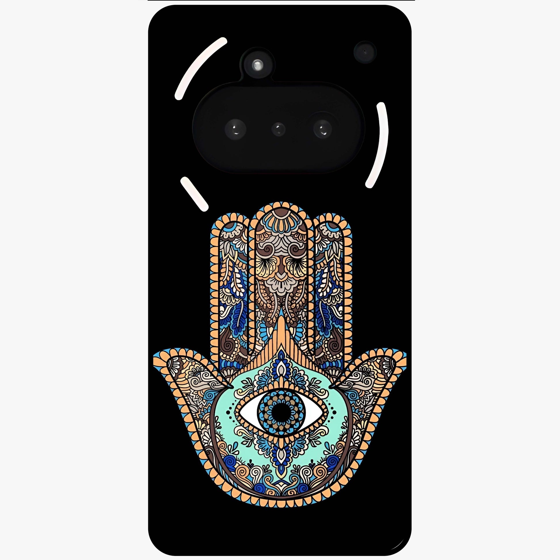 Mystic Hamsa Eye Glass Case showing flat back view with protective hamsa hand and evil eye artwork and glossy glass finish.