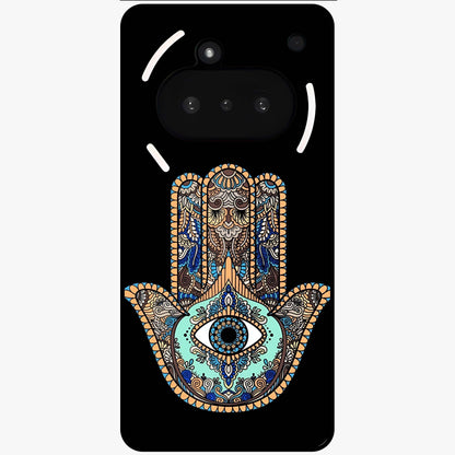 Mystic Hamsa Eye Glass Case showing flat back view with protective hamsa hand and evil eye artwork and glossy glass finish.