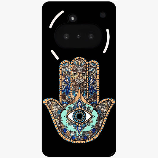 Mystic Hamsa Eye Glass Case showing flat back view with protective hamsa hand and evil eye artwork and glossy glass finish.