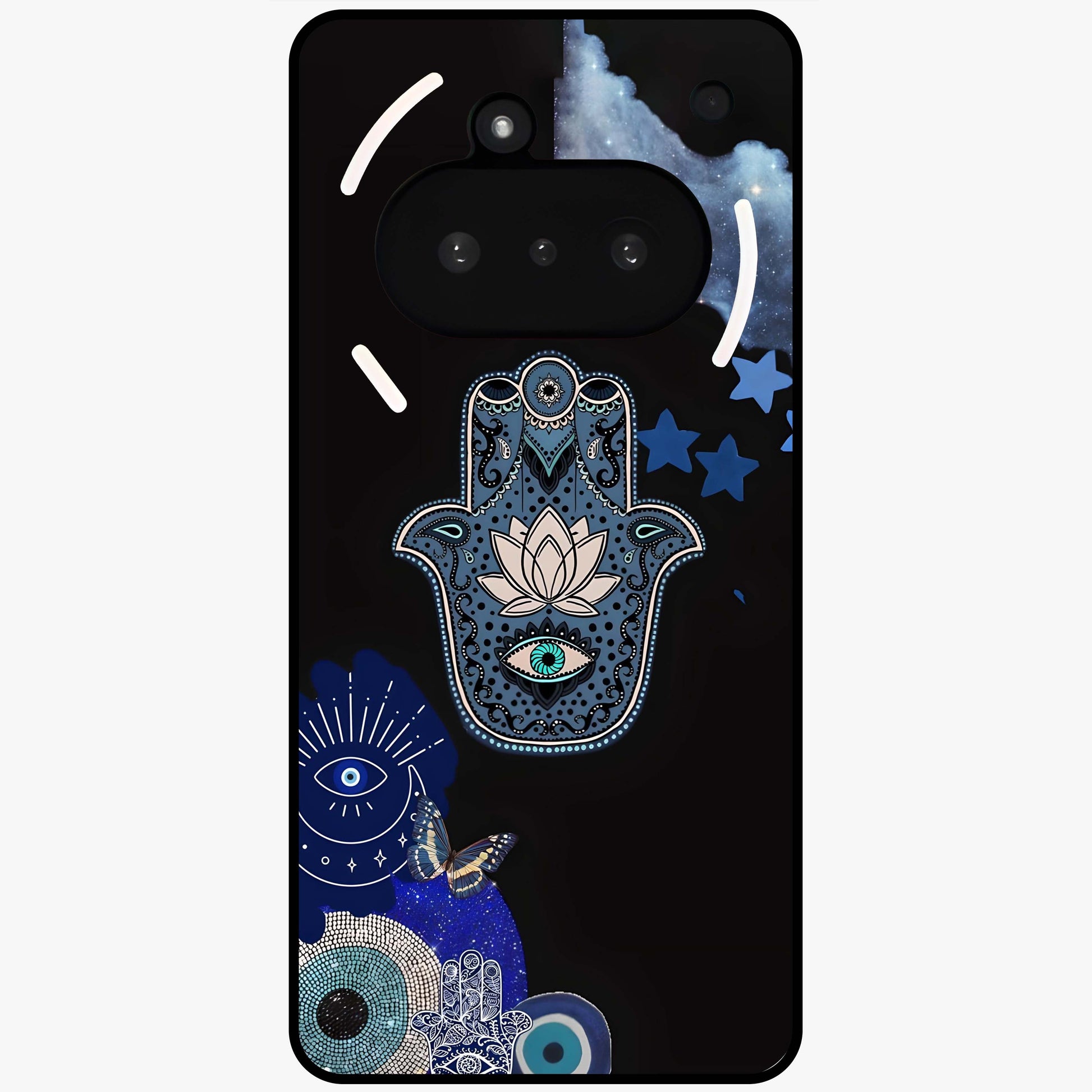 Mystic Hand Aura Glass Case showing flat back view with mystical hand symbol artwork and glossy glass finish.