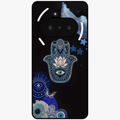 Mystic Hand Aura Glass Case showing flat back view with mystical hand symbol artwork and glossy glass finish.