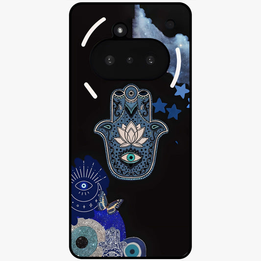 Mystic Hand Aura Glass Case showing flat back view with mystical hand symbol artwork and glossy glass finish.
