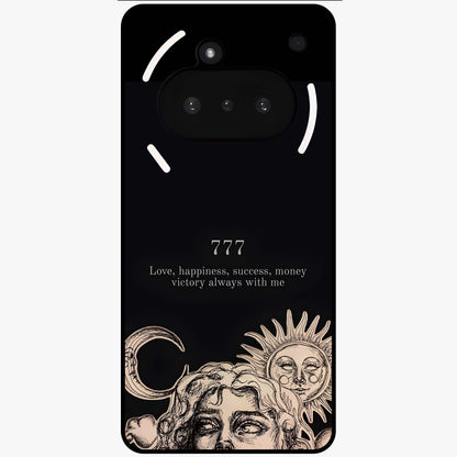 Mystic Victory Aura Glass Case showing flat back view with victory symbol artwork and glossy glass finish.