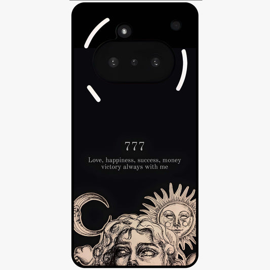Mystic Victory Aura Glass Case showing flat back view with victory symbol artwork and glossy glass finish.
