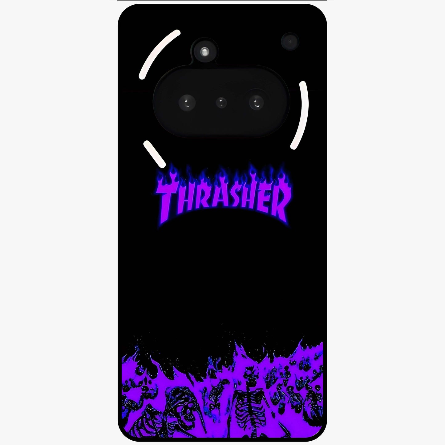 Neon Flame Riot Glass Case showing flat back view with neon flame artwork and glossy glass finish.