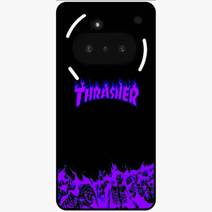 Neon Flame Riot Glass Case showing flat back view with neon flame artwork and glossy glass finish.