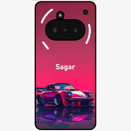 Neon Pink Porsche Glass Case showing flat back view with stylish sports car artwork and glossy glass finish.
