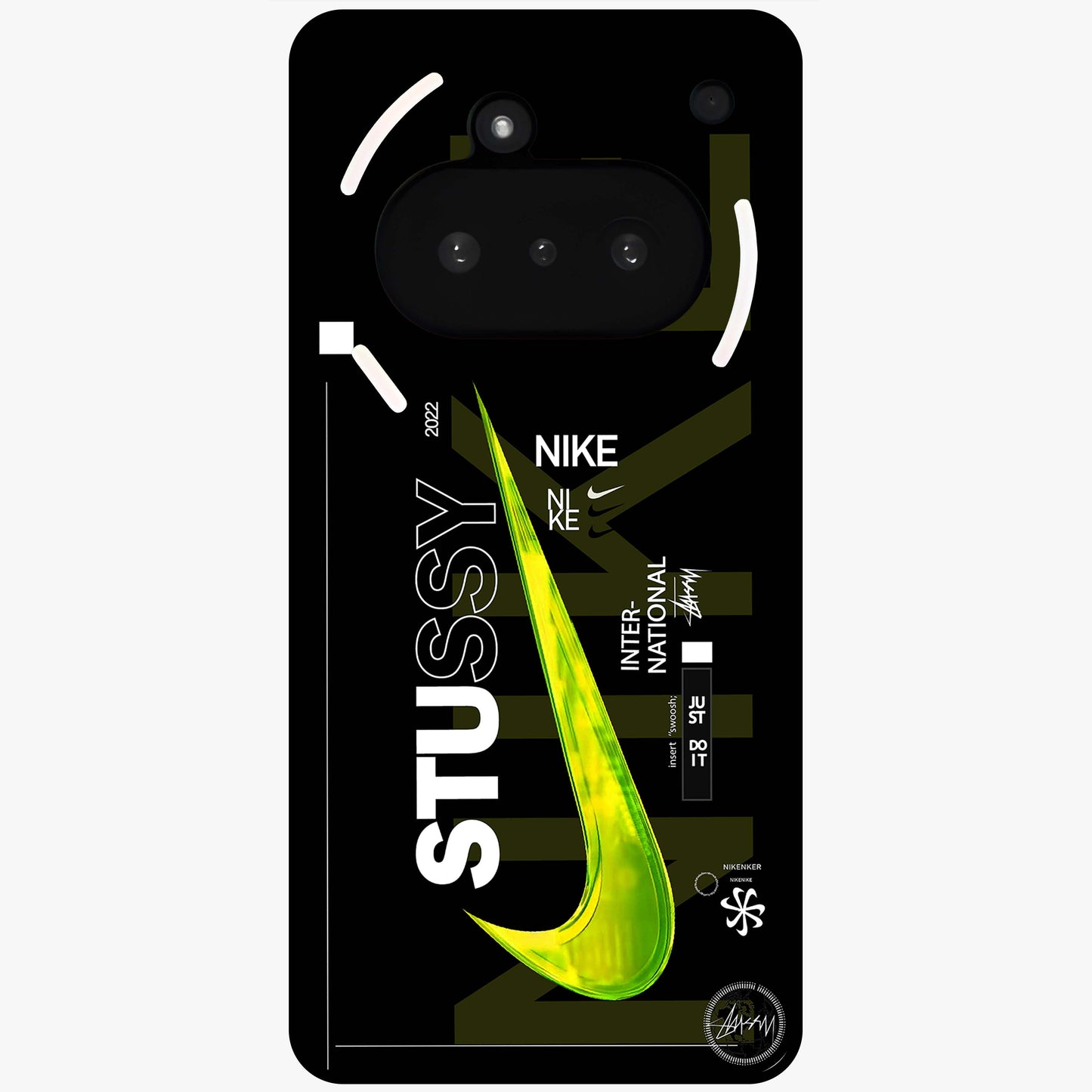 Neon Street Edition Glass Case showing flat back view with neon street style artwork and glossy glass finish.