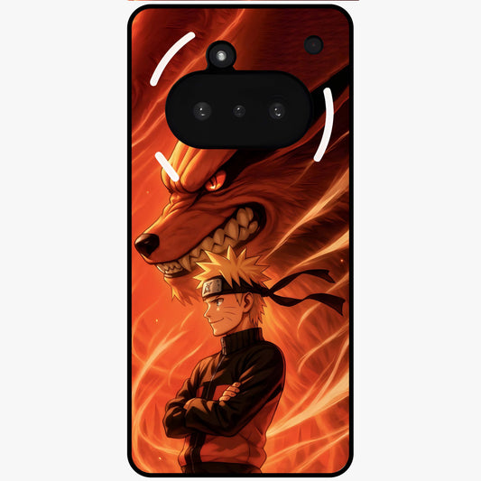 Nine Tails Legacy Glass Case showing flat back view with powerful nine-tailed fox inspired artwork and glossy glass finish.