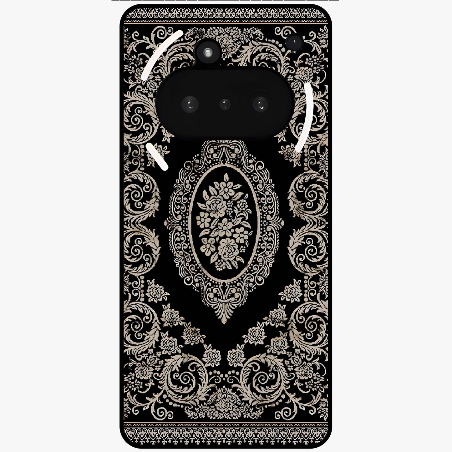 Noir Bloom Elegance Glass Case showing flat back view with elegant dark floral artwork and glossy glass finish.