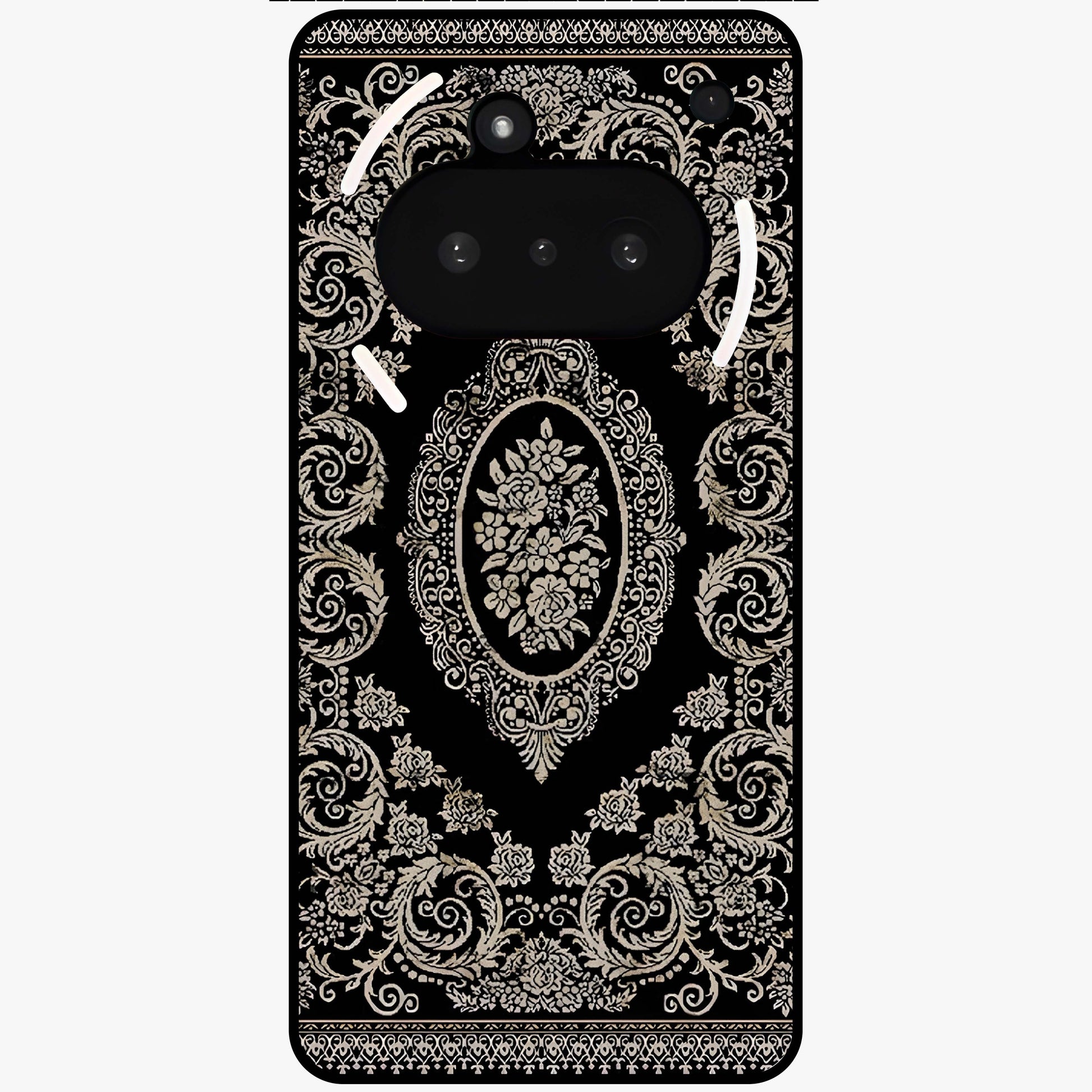 Noir Bloom Elegance Glass Case showing flat back view with elegant dark floral artwork and glossy glass finish.