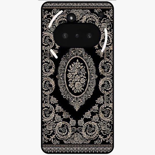 Noir Bloom Elegance Glass Case showing flat back view with elegant dark floral artwork and glossy glass finish.
