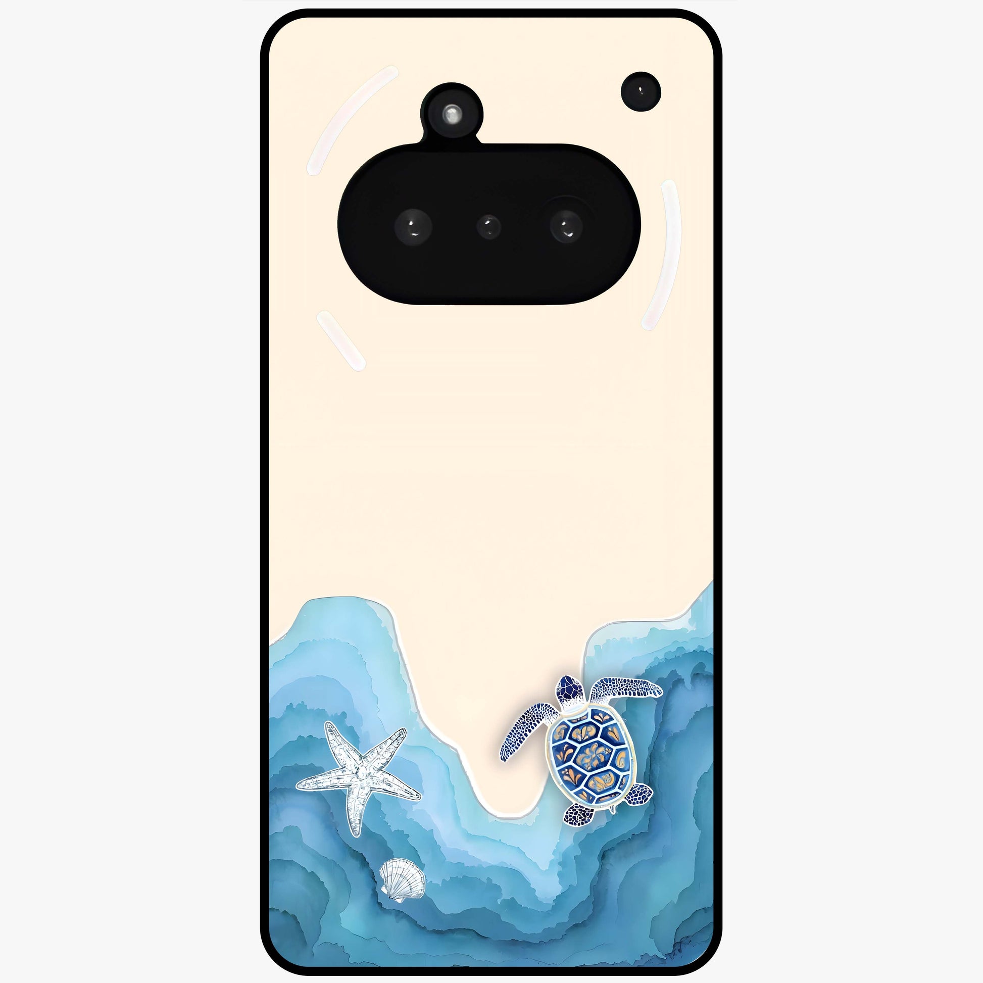 Ocean Drift Turtle Glass Case showing flat back view with sea turtle artwork and glossy glass finish.