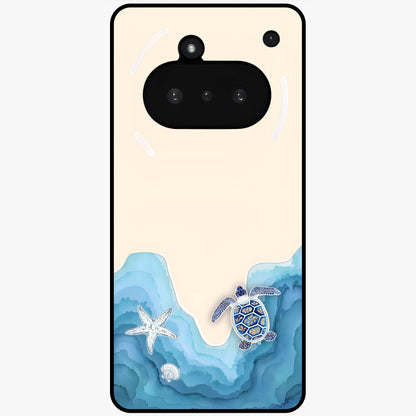 Ocean Drift Turtle Glass Case showing flat back view with sea turtle artwork and glossy glass finish.