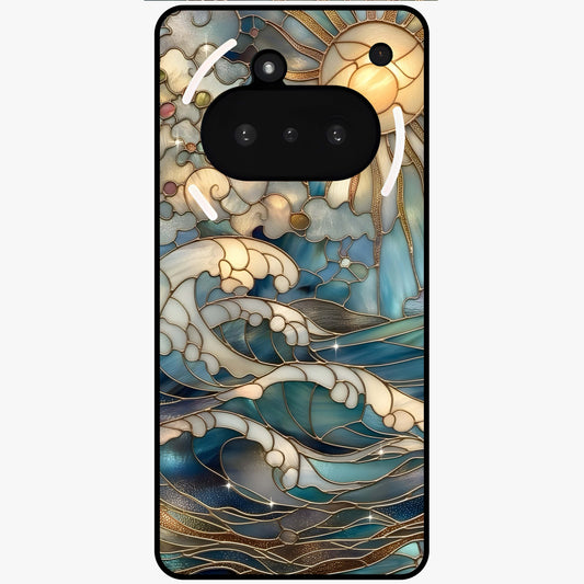 Oceanic Stained Printed Glass Case showing flat back view with ocean inspired stained pattern artwork and glossy glass finish.
