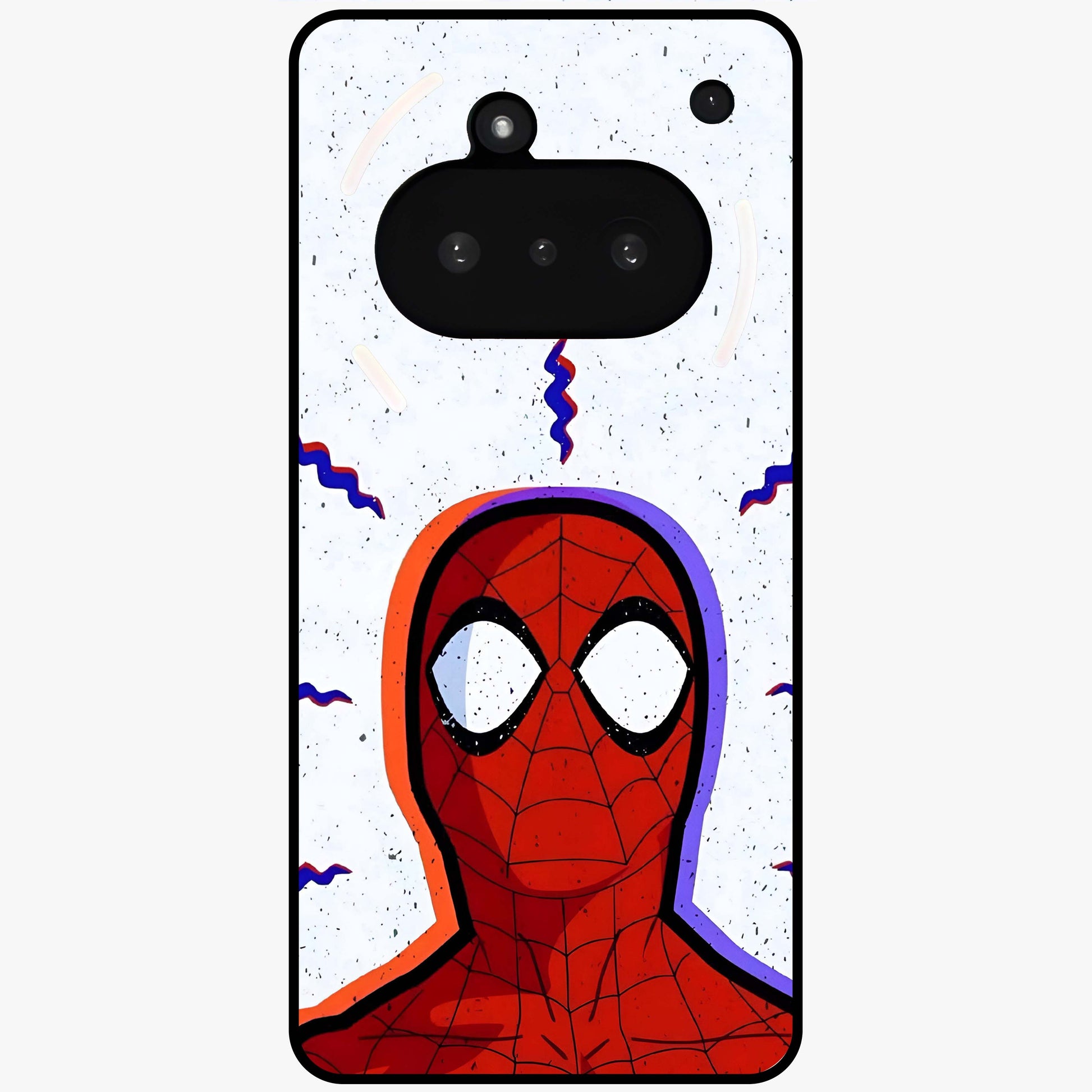 Omg Spiderman Glass Case showing flat back view with bold superhero inspired artwork and glossy glass finish.