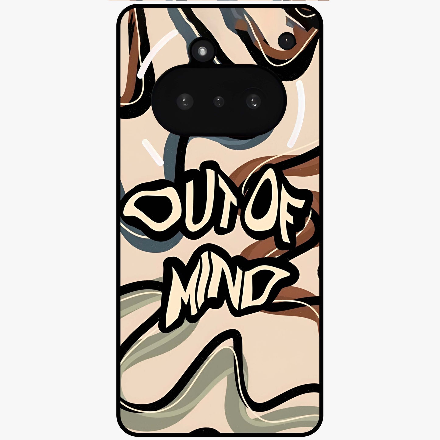 Out Of Mind Glass Case showing flat back view with expressive typography artwork and glossy glass finish.