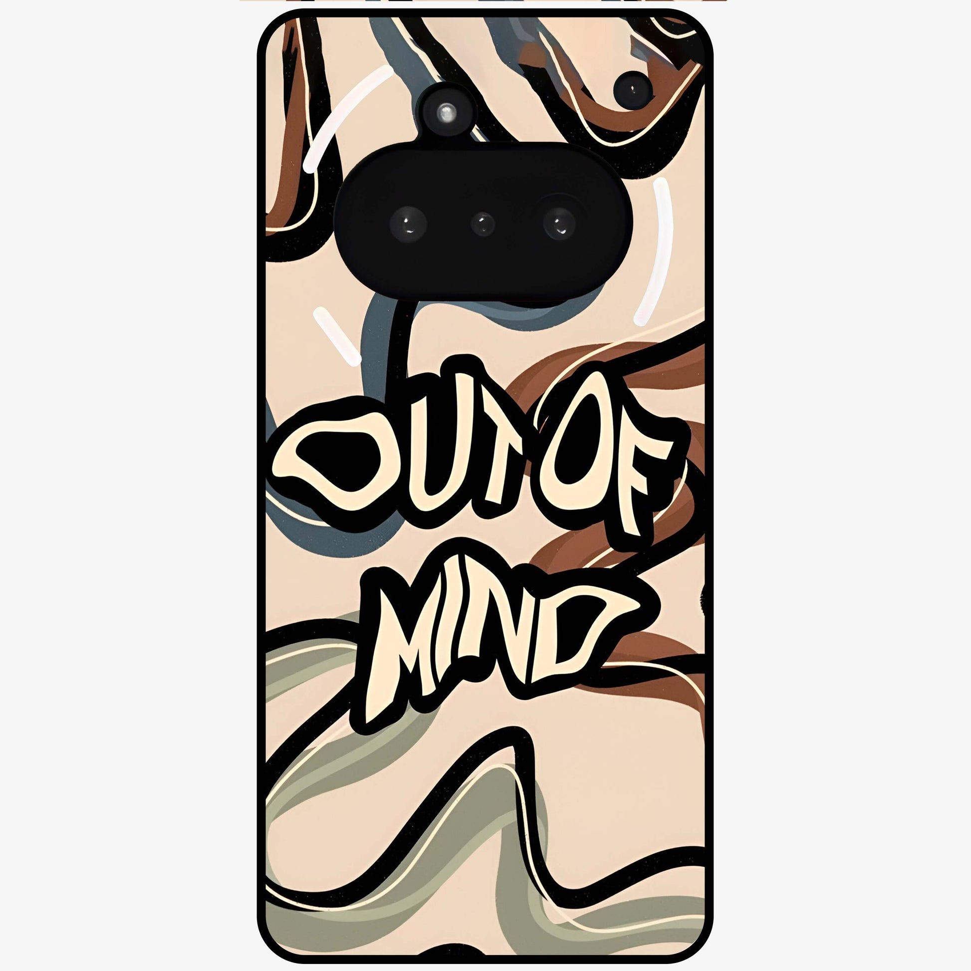 Out Of Mind Glass Case showing flat back view with expressive typography artwork and glossy glass finish.