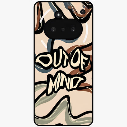 Out Of Mind Glass Case showing flat back view with expressive typography artwork and glossy glass finish.
